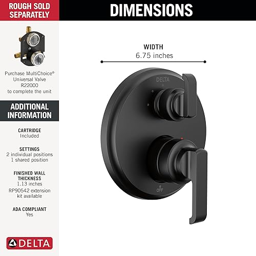 Miniatura 2 de Delta Faucet Tetra Serie 14 Kit de moldura de válvula desviadora integrada de 3 ajustes, color negro mate, kit de moldura de válvula desviadora, kit