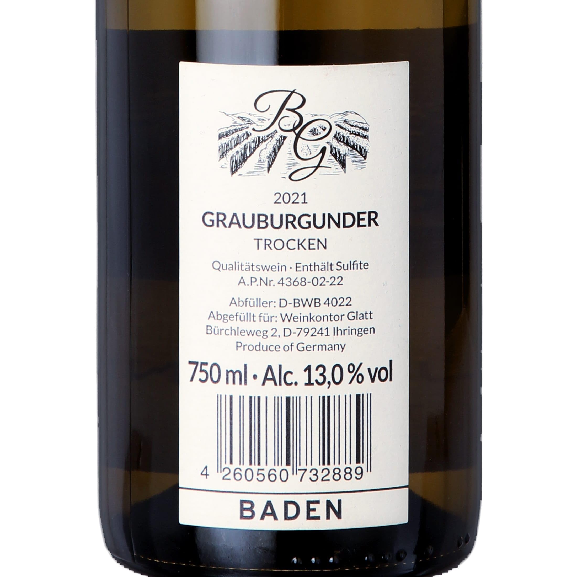 GLATT Grauburgunder trocken 2021 | Qualitätswein vom Kaiserstuhl/Baden, Deutschland | Leicht & Fruchtig im Geschmack | Weißwein aus der Pinot Gris-Traube (12x 0,75L)
