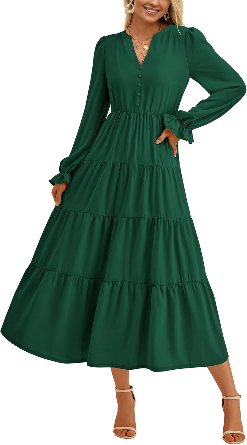 PRETTYGARDEN Long Sleeve Dress for Women 2025 Fall V Neck Tiered Aline Spring Elegant Modest Flowy Wedding Guest Maxi Dresses
