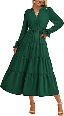 PRETTYGARDEN Long Sleeve Dress for Women 2025 Fall V Neck Tiered Aline Spring Elegant Modest Flowy Wedding Guest Maxi Dresses