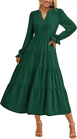 PRETTYGARDEN Long Sleeve Dress for Women 2025 Fall V Neck Tiered Aline Spring Elegant Modest Flowy Wedding Guest Maxi Dresses