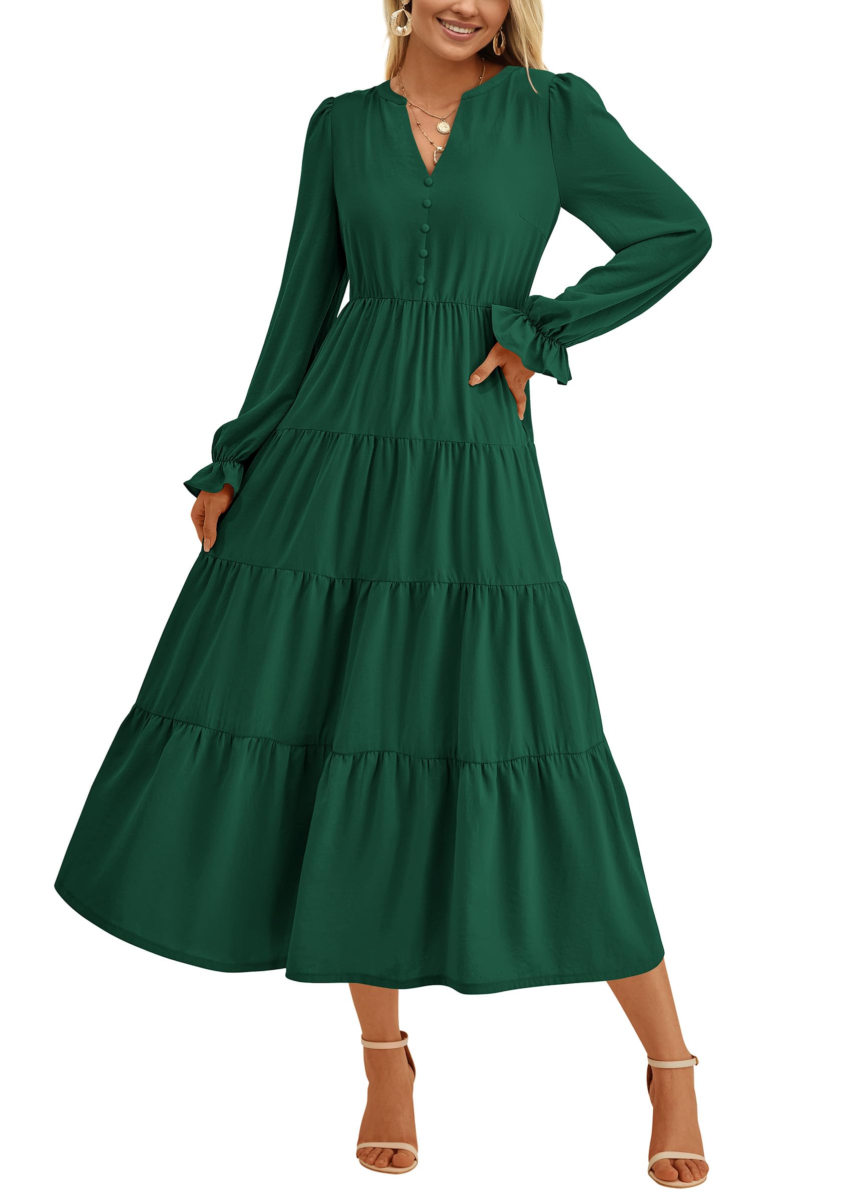 PRETTYGARDEN Long Sleeve Dress for Women Fall V Neck Tiered A Line Spring Elegant Modest Flowy Wedding Guest