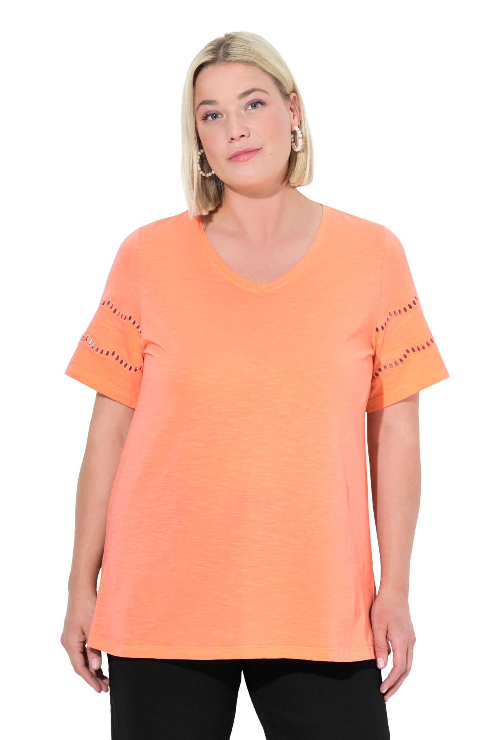Ulla Popken Damen große Größen Übergrößen Plus Size T-Shirt, Lochstickerei, A-Linie, V-Ausschnitt, Flügelarm 838898