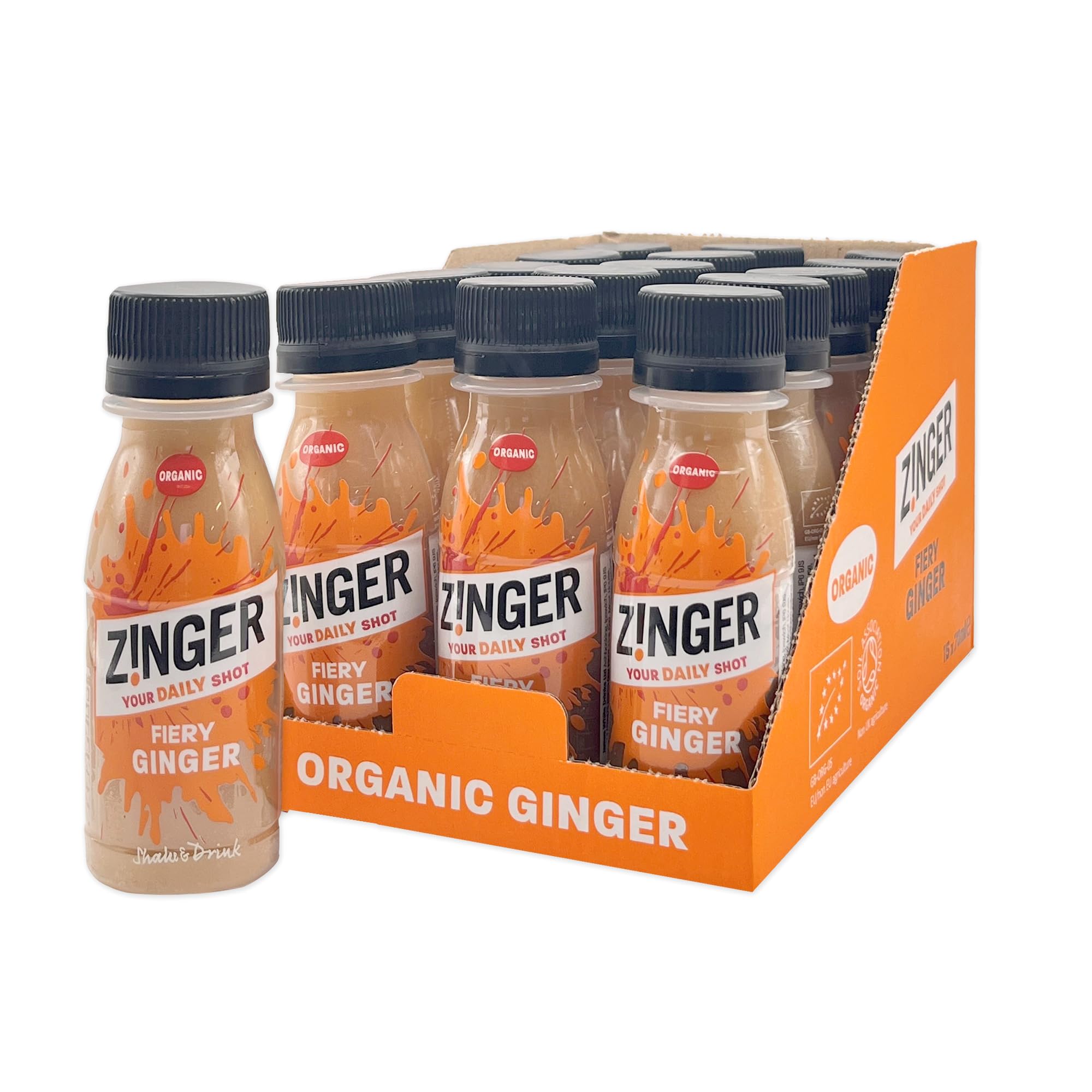 ZingerGinger Shot (Pack of 15 x 70ml). Organic plant based shot with 18.4g of pressed ginger juice. Natural kick in a pocket-sized format with no added sugar.Soil AssociationSoil AssociationSoil Association