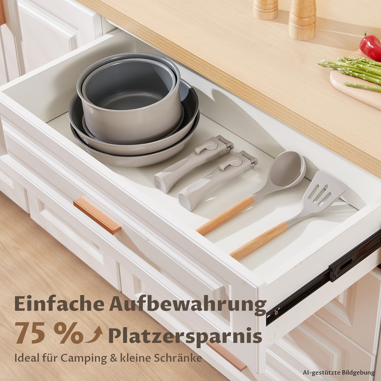 BEZIA Töpfe & Pfannen Set mit abnehmbarem Griff, 17-tlg. Keramik Topfset | Platzsparendes stapelbares Topf- & Pfannenset Induktion, Backofengeeignet Kochgeschirr-Set für Wohnmobil & kleine Küche