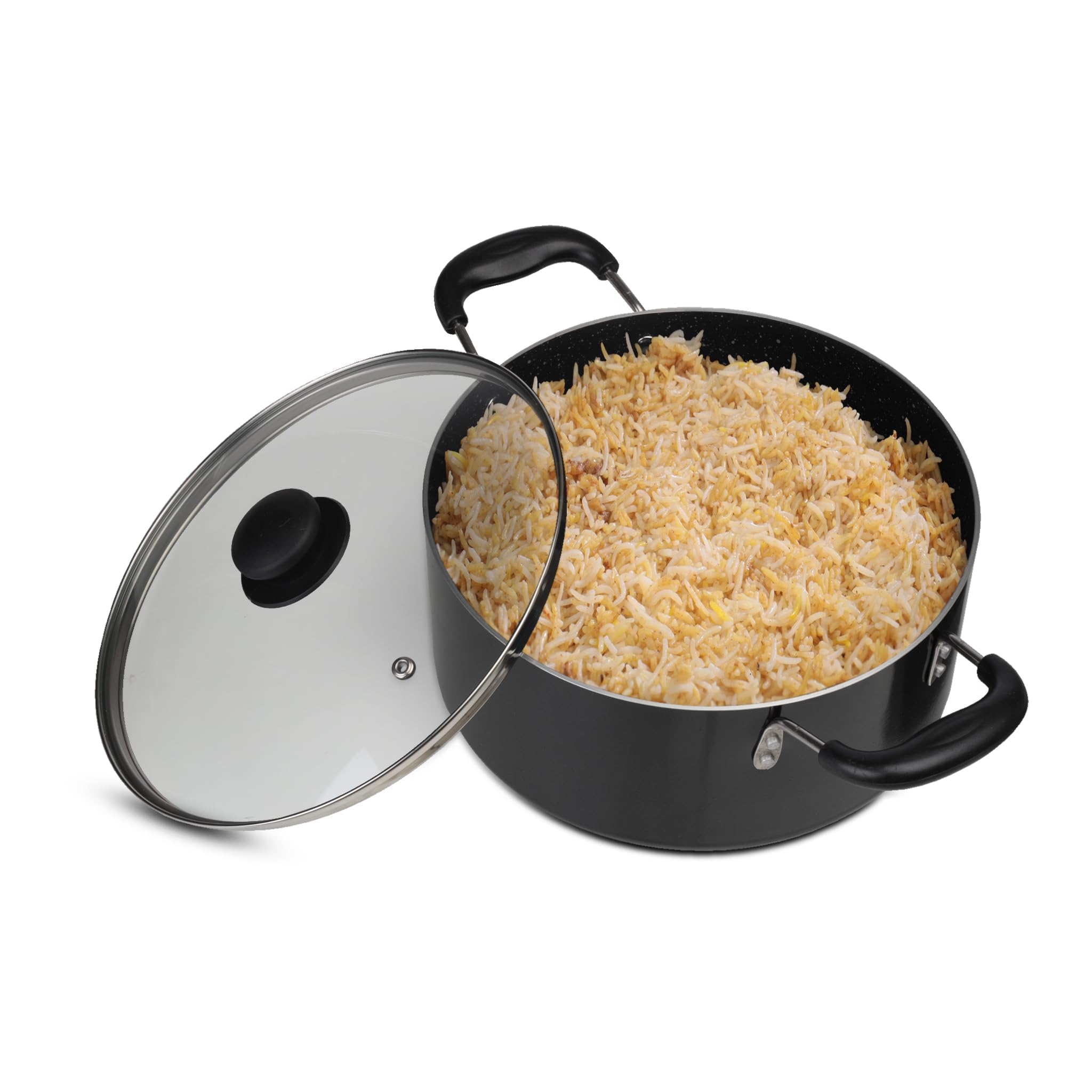 AGARO Elegant Non Stick Biryani Pot with Glass Lid, 26 cm Diameter, 5.5 Liter Capacity, Non Stick Coated Aluminium Pot, Side Handle, Gas & Induction Oven Compatible, Biriyani, Pulao, Rice