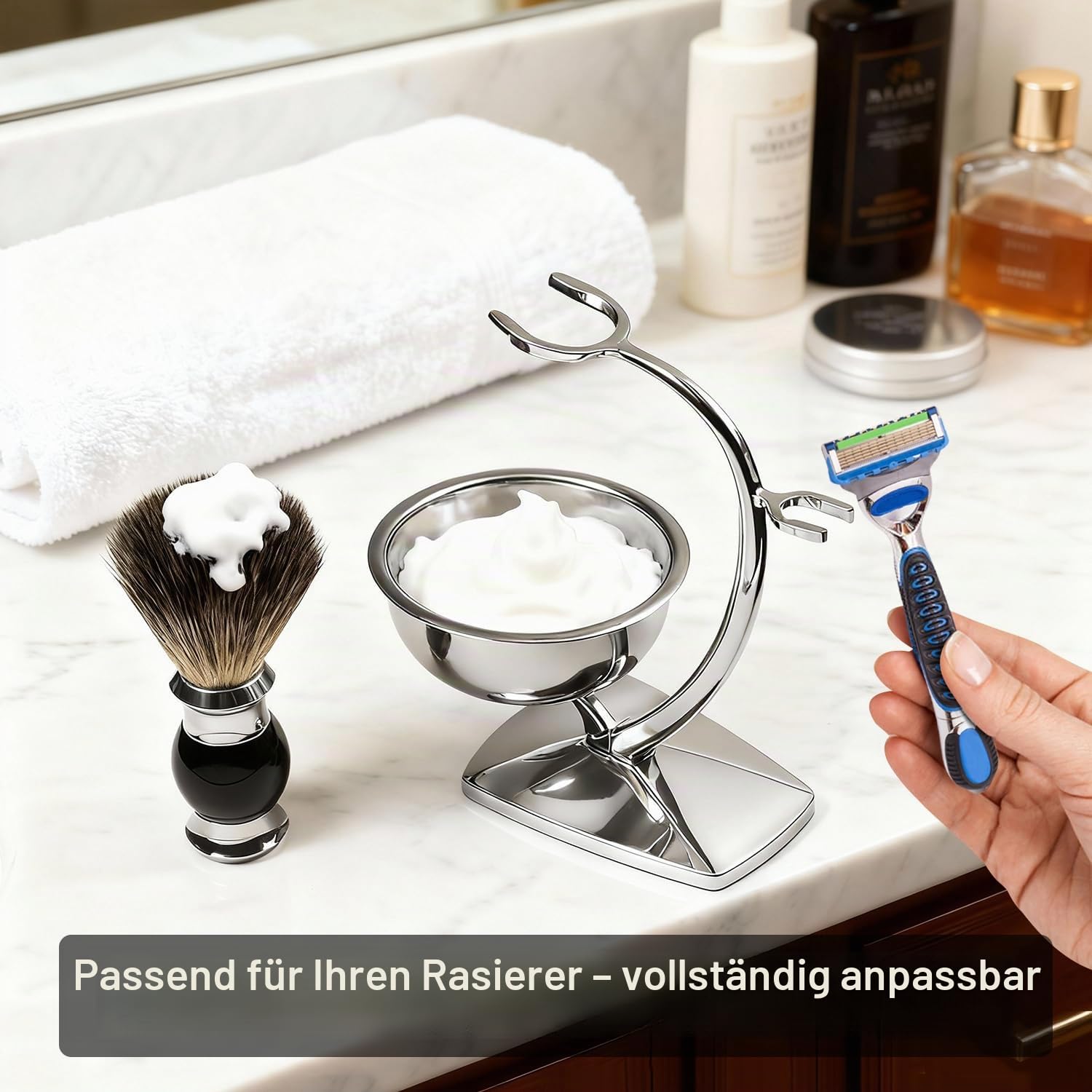 GRUTTI 3-in-1-Rasierset für Männer,Rasierhobel Ständer + Dachshaar-Rasierpinsel + Rasierschale, Rasiererhalter kompatibel mit Gillette-Rasierer manuellem Rasierer,Geschenk-Rasierset für Männer