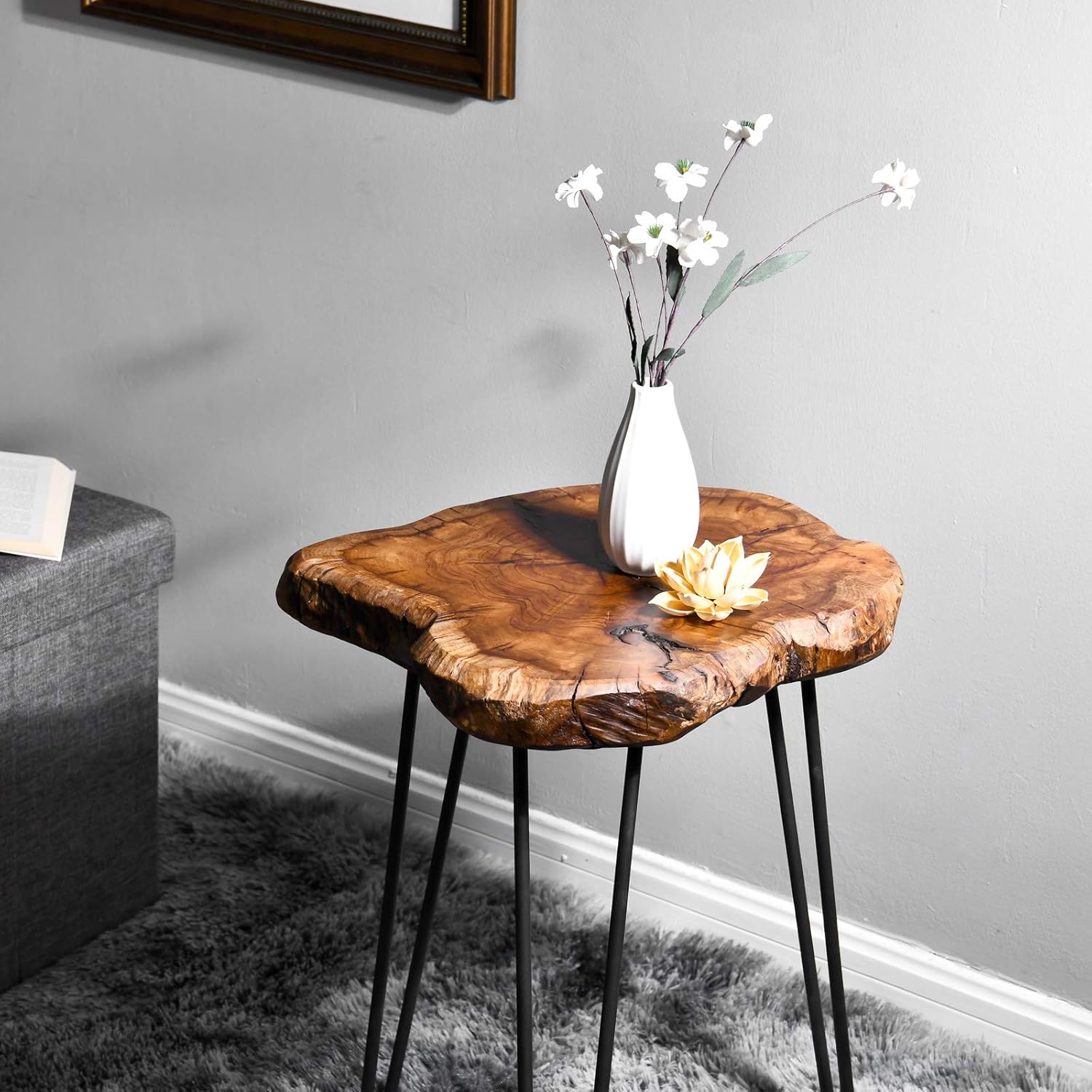 WELLAND Rustic Date Tree End Table Live Edge Side Table18 W x 15" D x 21" H Accent Table Plant Stand for Living Room Bedroom Home Office Patio(Unique Date Plus)