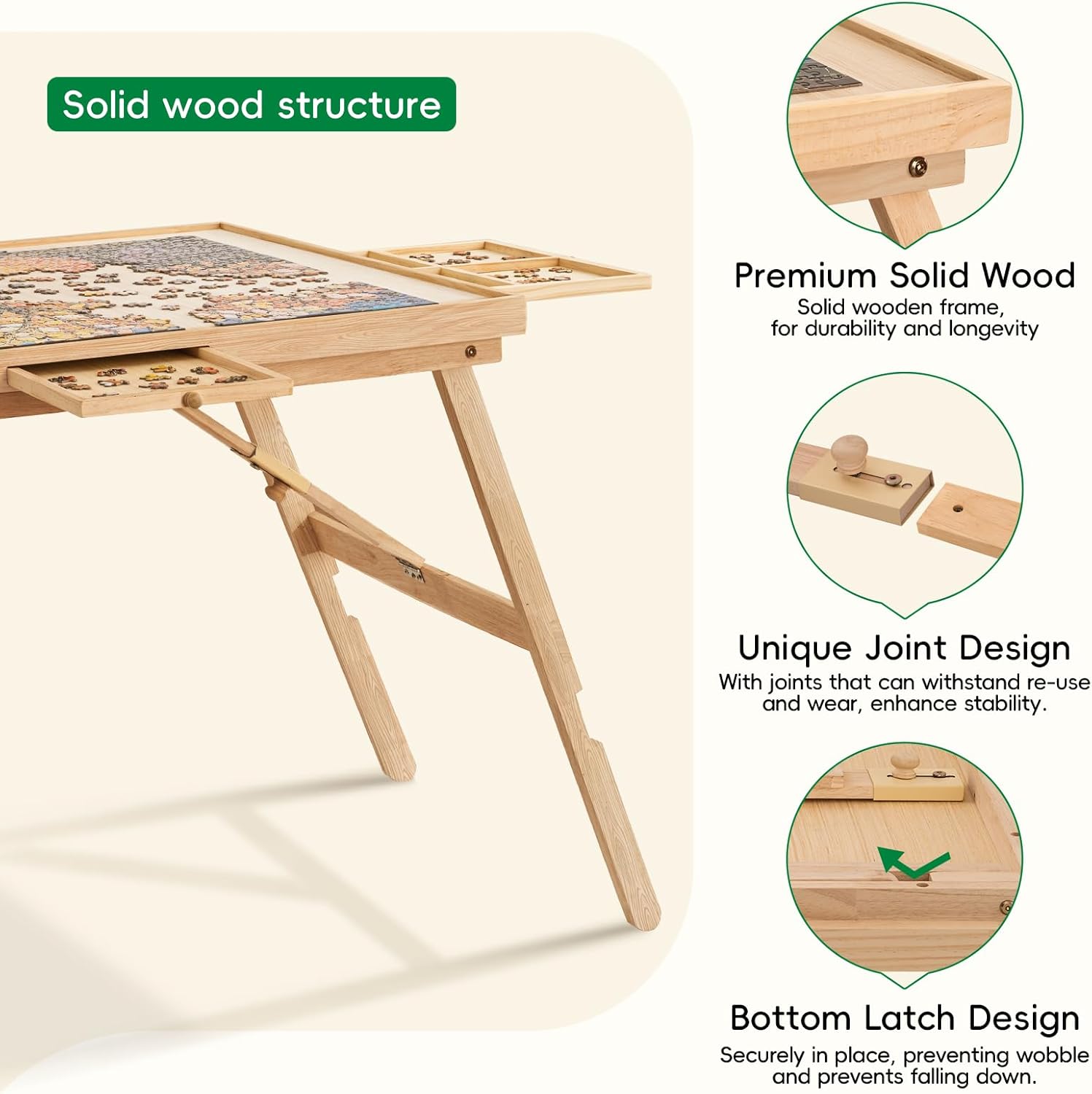 TEAKMAMA 1500 Pieces Puzzle Table 27.6" H Tall Puzzle Board with Drawers, 34.2" x 26.5" Wood Folding Jigsaw Table with Legs and Cover, Jigsaw Board for Adults, Nature