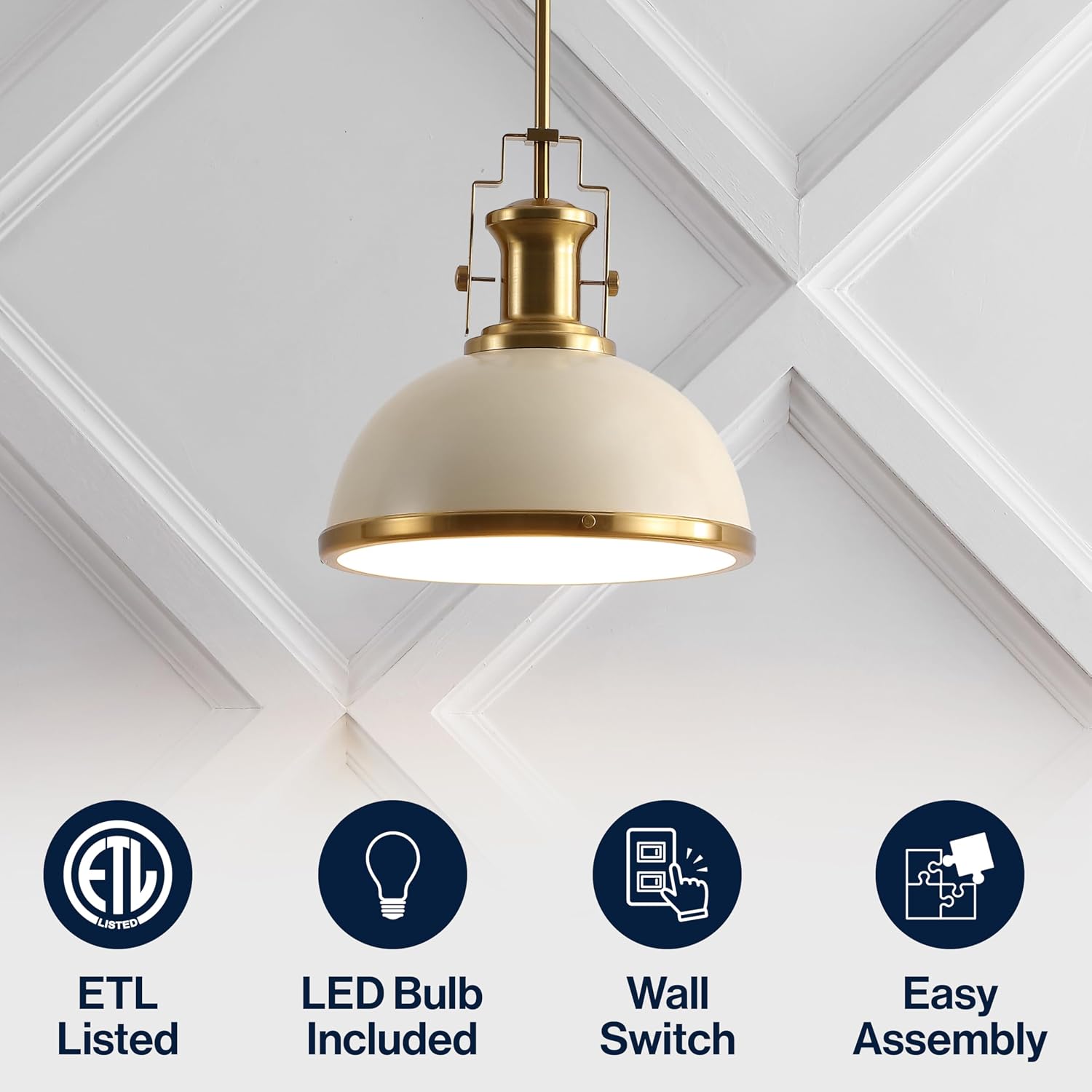 JONATHAN Y JYL9536F 13" Modern Industrial Dome Pendant Light, Farmhouse Hanging Light Fixture in Almond and Brass Gold, Adjustable Height Metal Lighting for Kitchen Island, Dining Room, Entryway