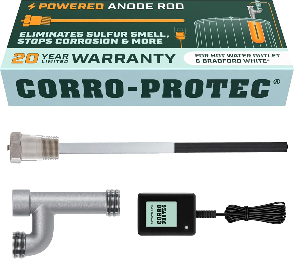 Powered Anode Rod for Bradford White & Hot Water Outlet | 24-Hour Hot Water Sulfur Smell Removal. Stops Corrosion & Reduces Sediment Buildup in Tank. 20-Year Warranty. WQA-Certified.