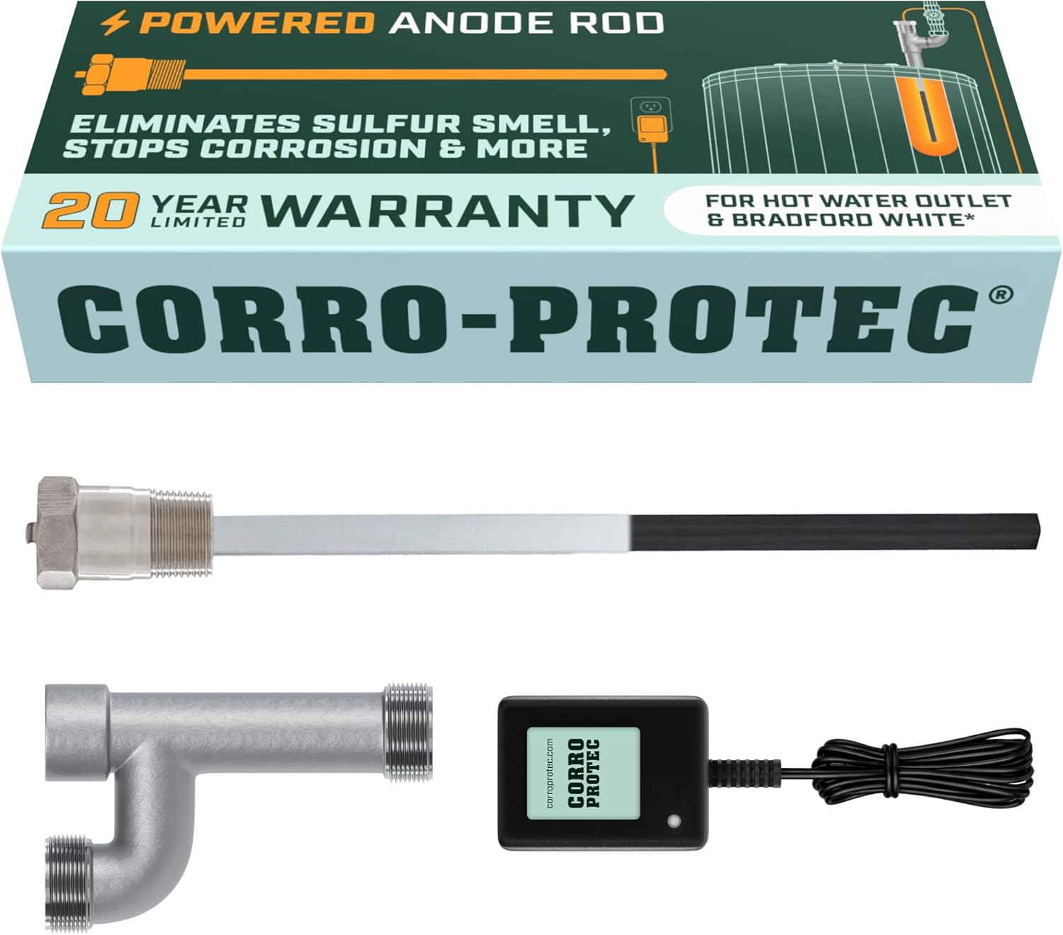 Corro-Protec Powered Anode Rod for Bradford White Water Heater and Hot Water Outlet Installation, Eliminates Rotten Egg/Sulfur Smell within 24 hours and Stops Corrosion Inside Tank, 20-Year Warranty