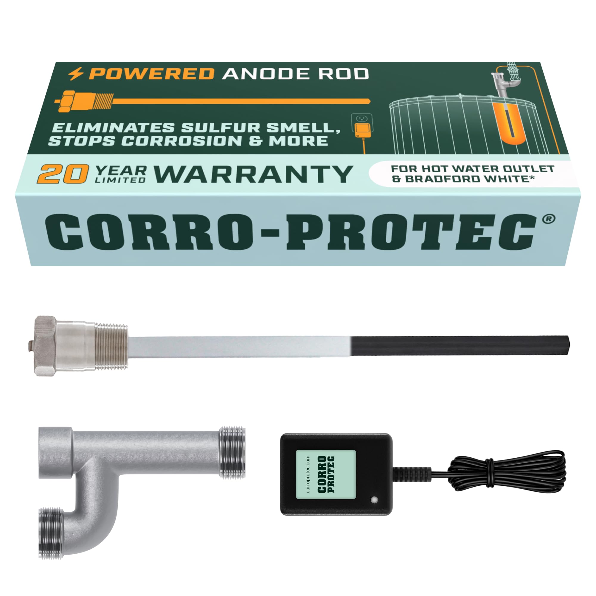 Corro-Protec Powered Anode Rod for Bradford White Water Heater and Hot Water Outlet Installation
