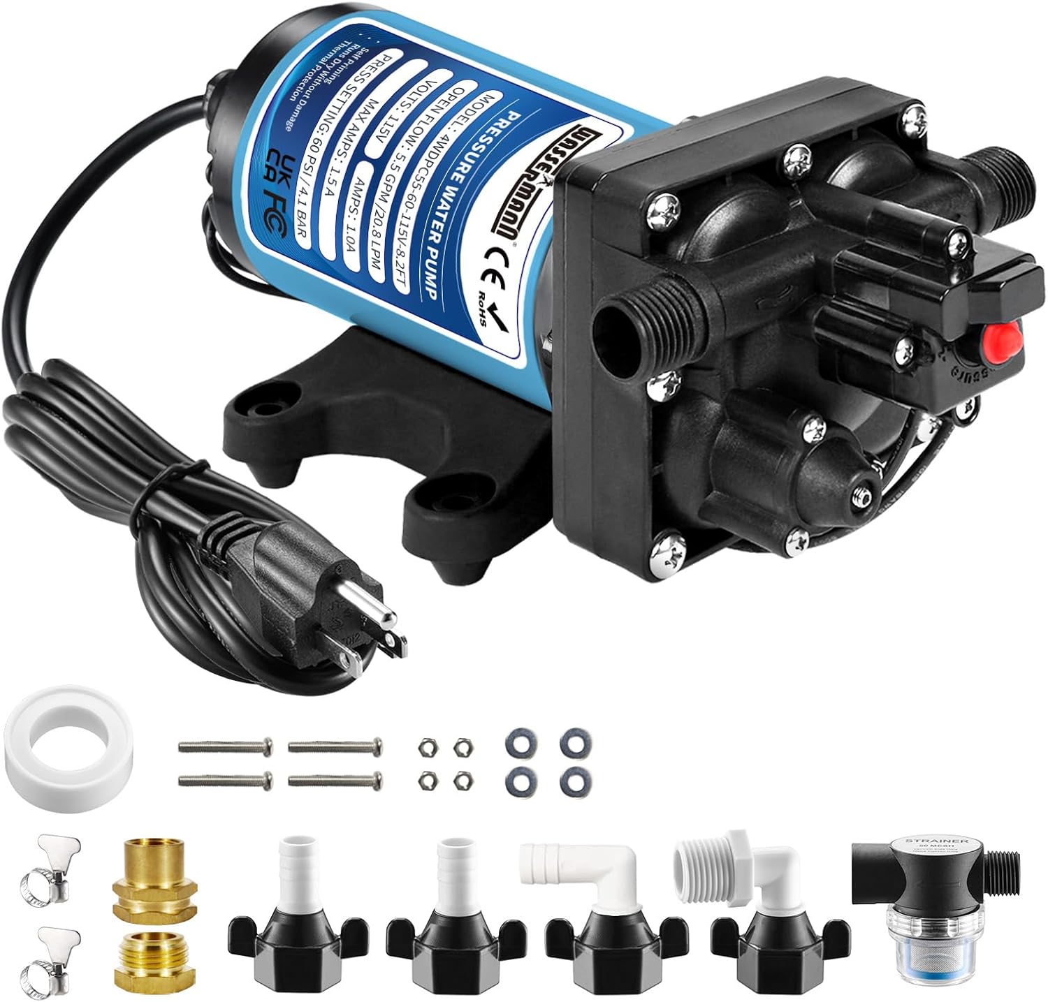 WASSERMANN 115V AC Water Diaphragm Pump,5.5GPM 60PSI 1/2" NPSM with 8.2ft Power Cord & Plug,Self-Priming Fresh Water Pressure Booster Pump,Pressure Switch, for Garden Kitchen Bathroom RV Marine Camper