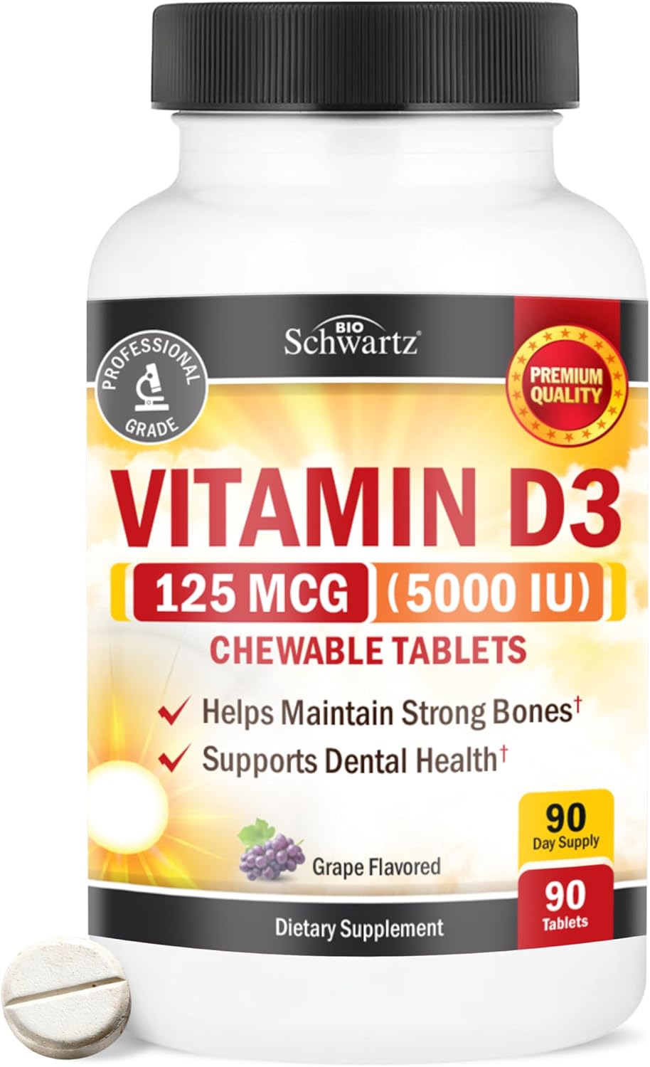 Vitamin D3 5000 IU (125 mcg) Chewable Tablets - 90-Day Supply, 90 Count | Immune Support, Bone Strength, Healthy Muscle Function - Gluten-Free and Non-GMO Chewable Vitamin D for Adults, Bioschwartz