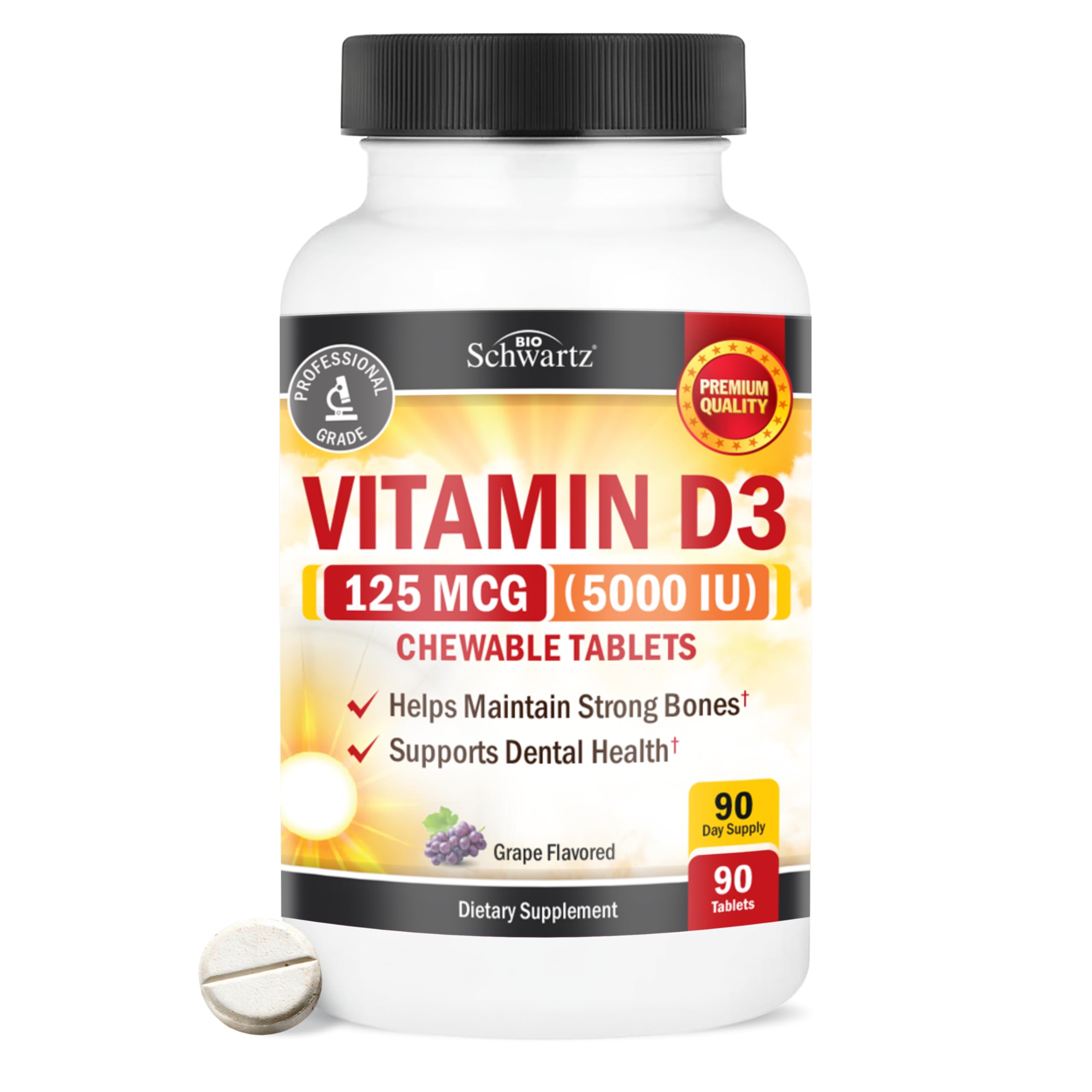 Vitamin D3 5000 IU (125 mcg) Chewable Tablets - 90-Day Supply, 90 Count