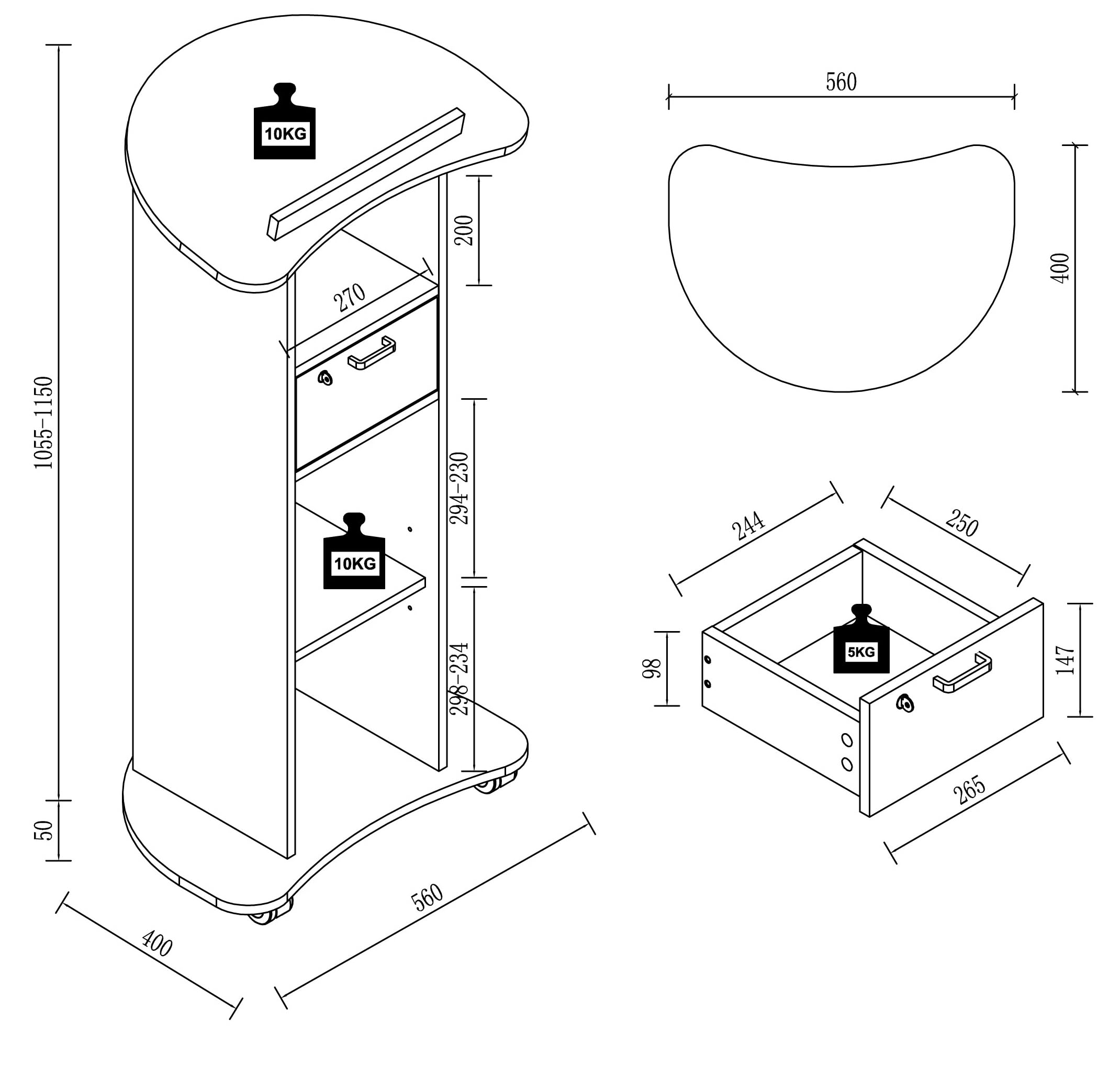 VCM Holz mobiles Rednerpult | Maße ca. H. 110 bis 120 cm x B. 56 cm x T. 37 cm | rollbar mit Schublade | Stehpult | Stehtisch - Redola