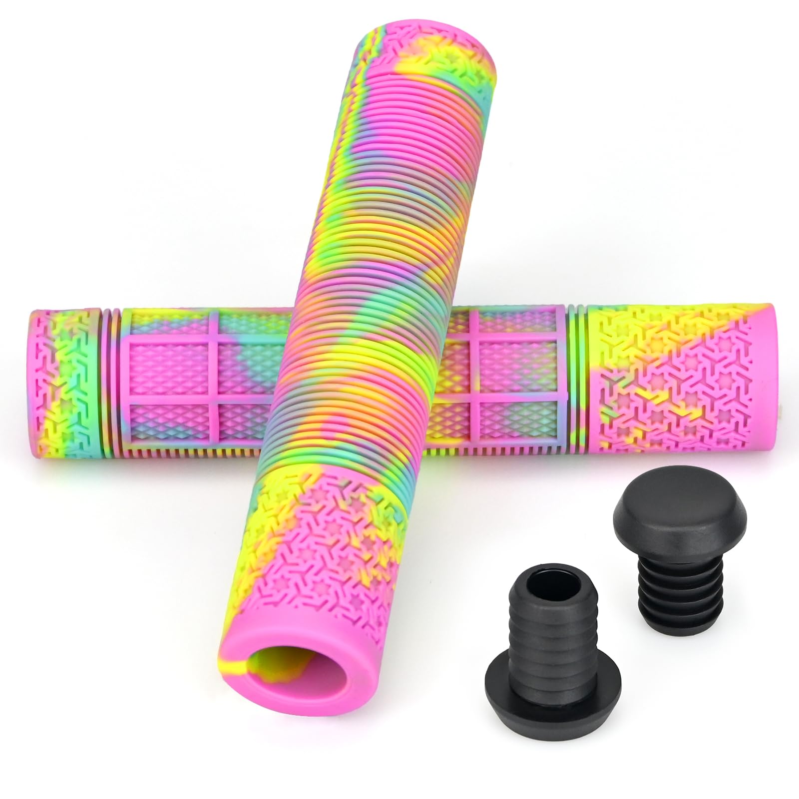 ouhos Ergonomic Bike Handlebar Grips, Soft Rubber Non-Slip Bicycle Handle Perfect for Mountain MTB Bicycle Scooter Cycling Enthusiasts and Commuters ﻿ (Yellow+Pink)