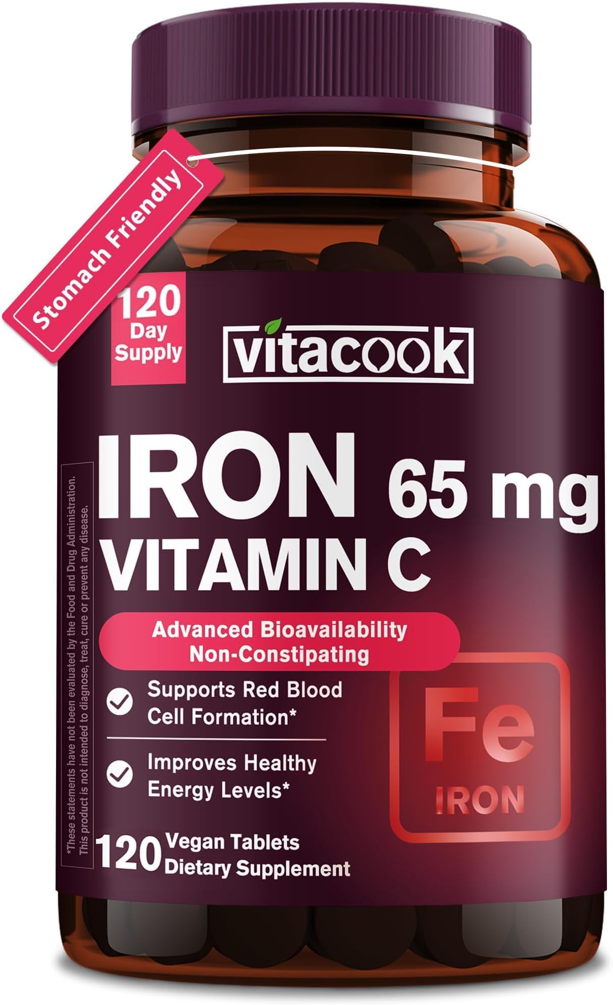 Iron Supplement for Women Men, High Potency Iron 65mg with Vitamin C 250mg, Stomach Friendly Iron Pills for Red Blood Cell & Immune Support, Vegan, Non-GMO & Gluten Free,120 Vegan Tablets