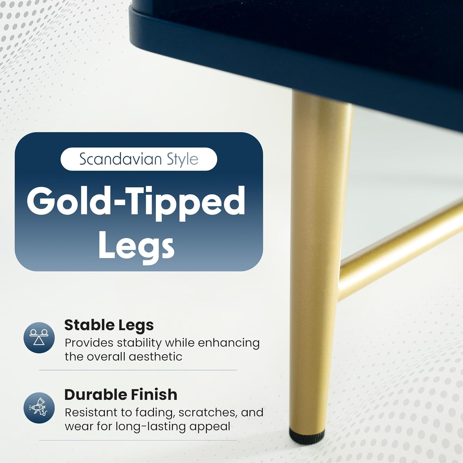 Modern Coffee Table with Storage - Dark Blue Matte Finish with Gold-Tipped Legs, Square Coffee Table for Living Room and Farmhouse with Storage Compartment and Adjustable Shelves