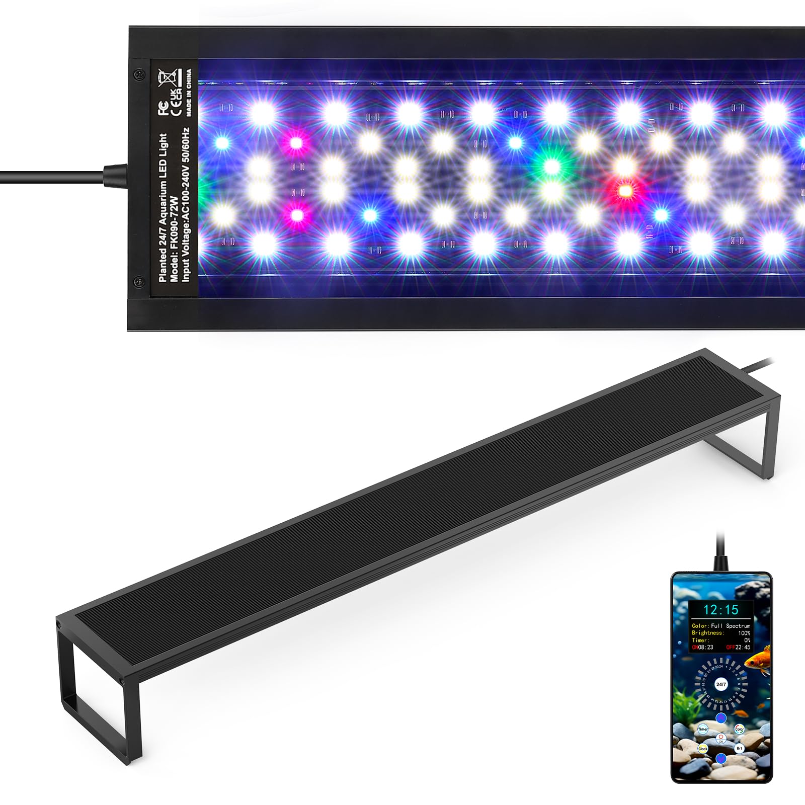 Fishnanny 6-Rows WRGB Led Aquarium Light, 24/7 Mode Fish Tank Light with One-Touch Calibrate Time, Full Spectrum Led Grow Lights with Precise DIY to 1-Min Timer & 1%-Brt & 9-Color, mit Memory Function