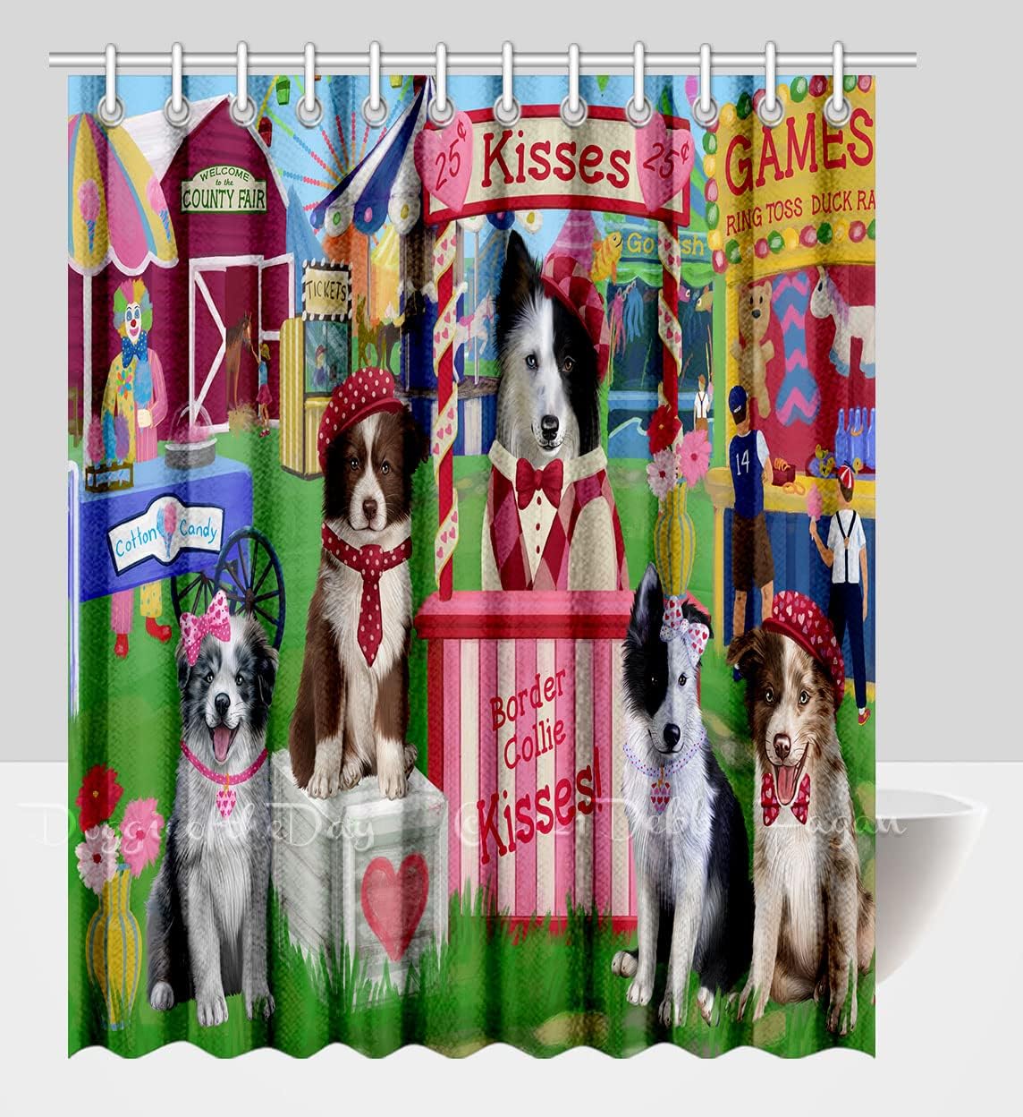 Carnival Kissing Booth Border Collie Dogs Shower Curtain - Waterproof Polyester One-Side Printing Pet Bathtub Curtain Decor Curtain for Bathroom with Hooks, (36"x72")