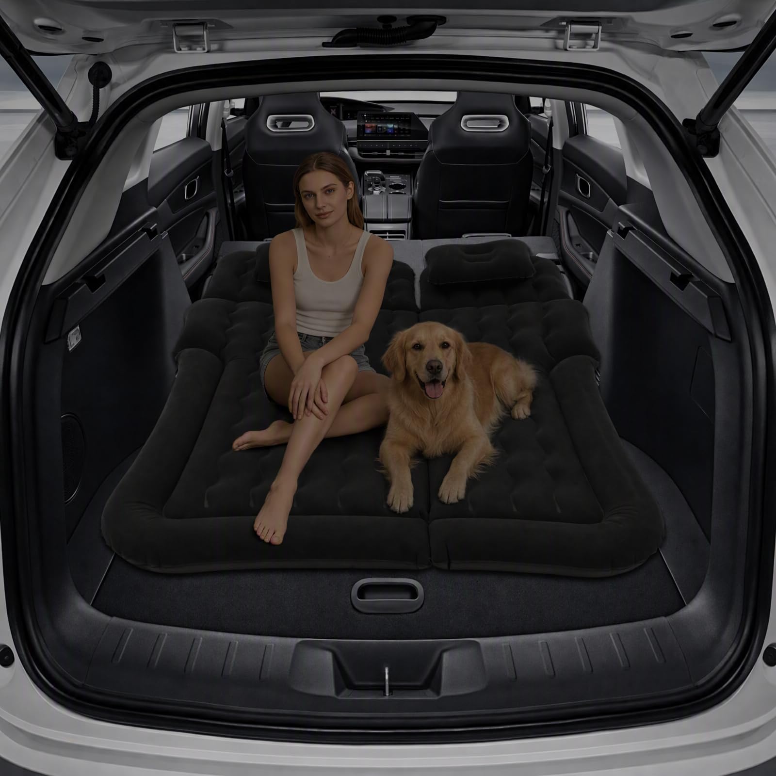 Materasso ad aria per auto con 2 cuscini, letto gonfiabile per auto con floccaggio ispessito per campeggio, include pompa ad aria, gonfiaggio e sgonfiaggio rapido, per SUV e auto