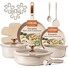 CAROTE 18Pcs Ceramic Cookware Set with Detachable Handle, Pots and Pans Set Non Stick, Non Toxic Cookware Set Removable Handles, Induction Kitchen Cookware Sets, Dishwasher/Oven Safe