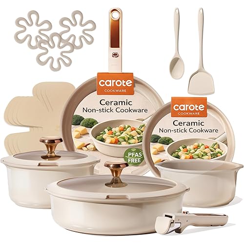 CAROTE 18Pcs Ceramic Cookware Set with Detachable Handle, Pots and Pans Set Non Stick, Non Toxic Cookware Set Removable Handles, Induction Kitchen Cookware Sets, Dishwasher/Oven Safe