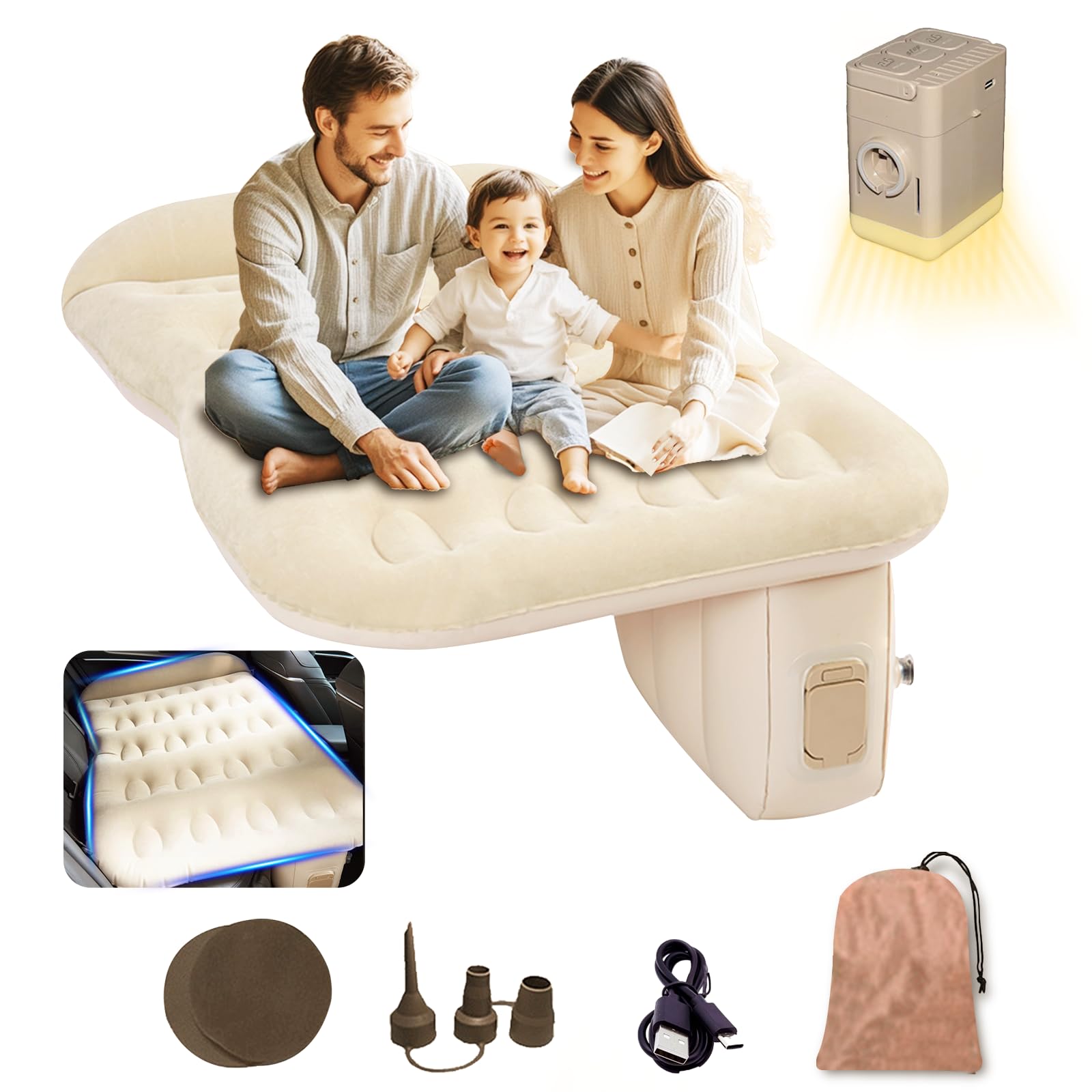 doietc Self-Inflating Air Mattress Back Seat for SUV Portable PVC Air Couch Flocking Surface Car Air Couch Mat Built-in Charging Pump with Inflate-Deflate Function Beige and Brown