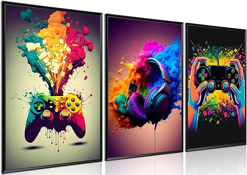 Miniatura 17 de Juego de Arte de Pared para Decoración de Sala de Juegos de 3 Piezas - Decoración de Pared de Control de Videojuegos para Gamers, Póster de Lienzo