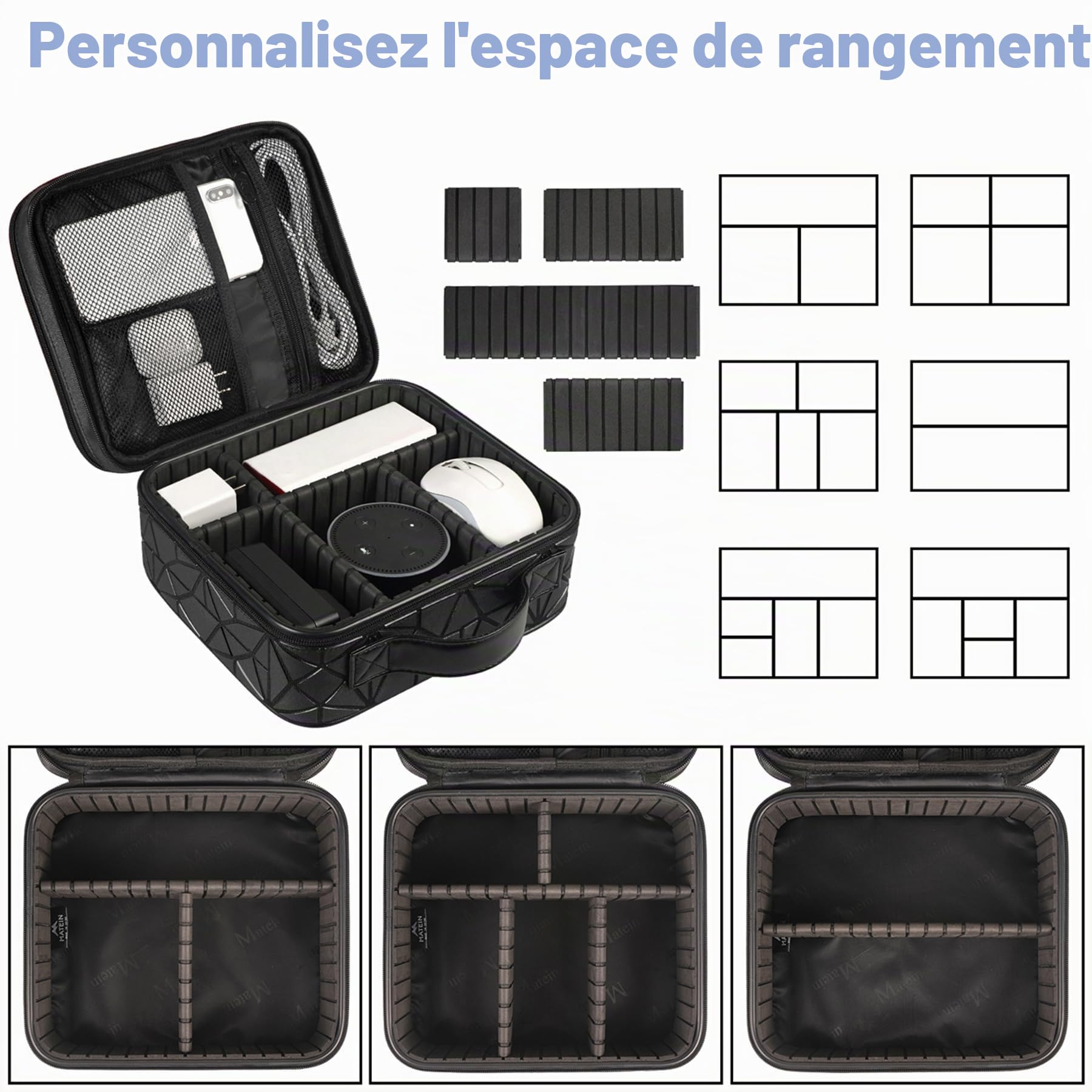 MATEIN Sac de Rangement de câbles étanche avec séparateur réglable résistant aux Chocs Portable Double Couche pour Cordon écouteurs Chargeur