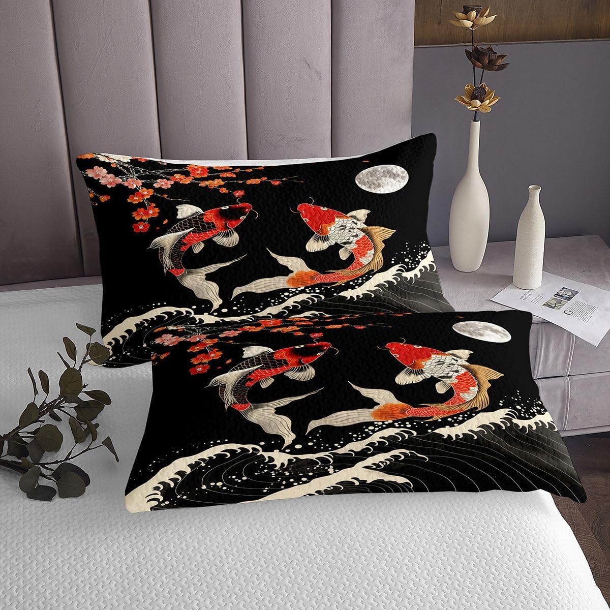 jejeloiu Japanese Koi Bedspread Twin Size Japan Style Coverlet Set Cherry Blossom Quilted Coverlet for All Season with 1 Pillowcase Ocean Wave Microfiber Lightweight