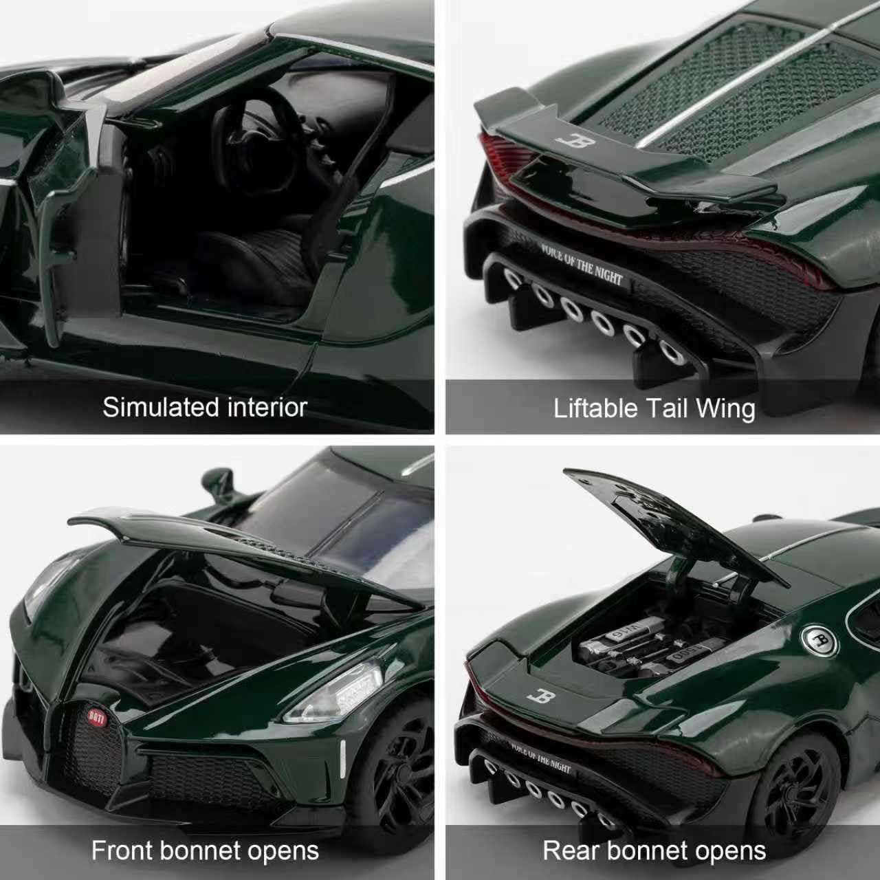 1/32 Scale Bugatti La Voiture Noire Diecast Car Model, Zinc Alloy Pull Back Toy Car with Sound & Light, Collectible Vehicle Toy Gift for Kids Adults, Green