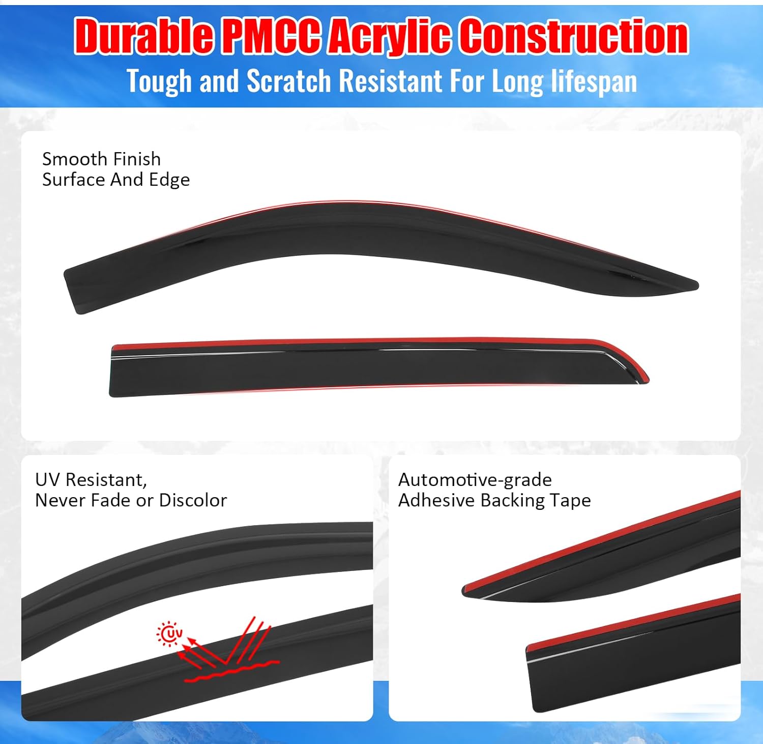 IKON MOTORSPORTS Tape on Low Profile Window Visors Compatible with 2019-2026 Chevy Silverado & GMC Sierra 1500 2500 Crew Cab, Acrylic Smoke/Tinted Rain Guards, Side Window Wind Deflectors 4PCS