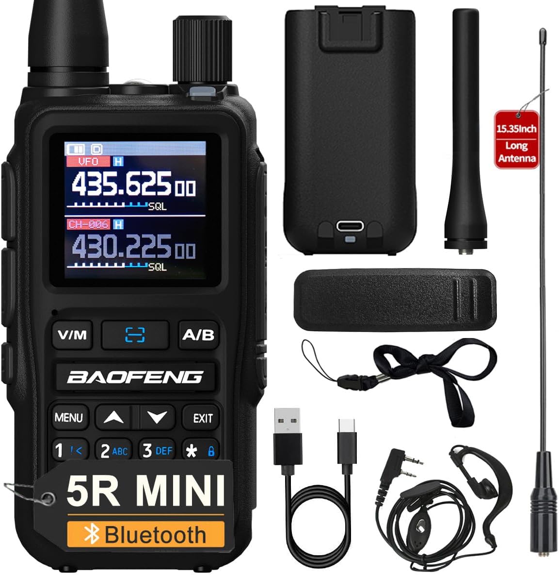 BAOFENG UV 5R Mini Long Range Walkie Talkie Bluetooth Programming AM FM NOAA Flashlight Rechargeable Type-C Charging U/V Handheld Two Way Ham Radio with Earpiece 771Antenna Survival Gear (Black 1PCS)