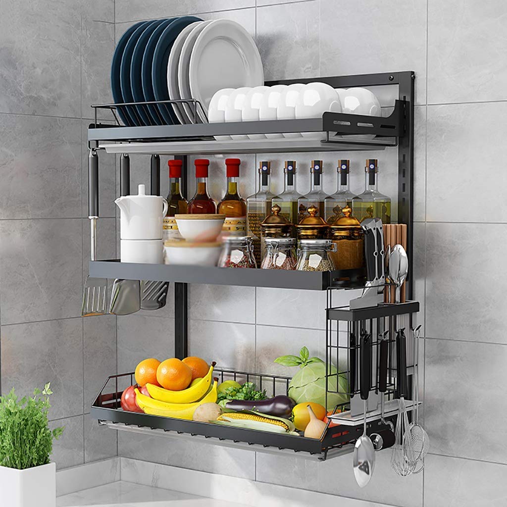 3-lagiges Abtropfgestell aus 201 Edelstahl mit Ablaufwanne – Spülbecken, Wandmontage, Abtropfgestell, Küchenregal, Essstäbchenhalter für platzsparende Organisation
