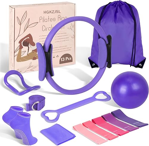 Miniatura 8 de Kit esencial de anillo de pilates para mujer, equipo de entrenamiento en casa con pelota de 9.8 pulgadas, bandas de resistencia, círculo mágico