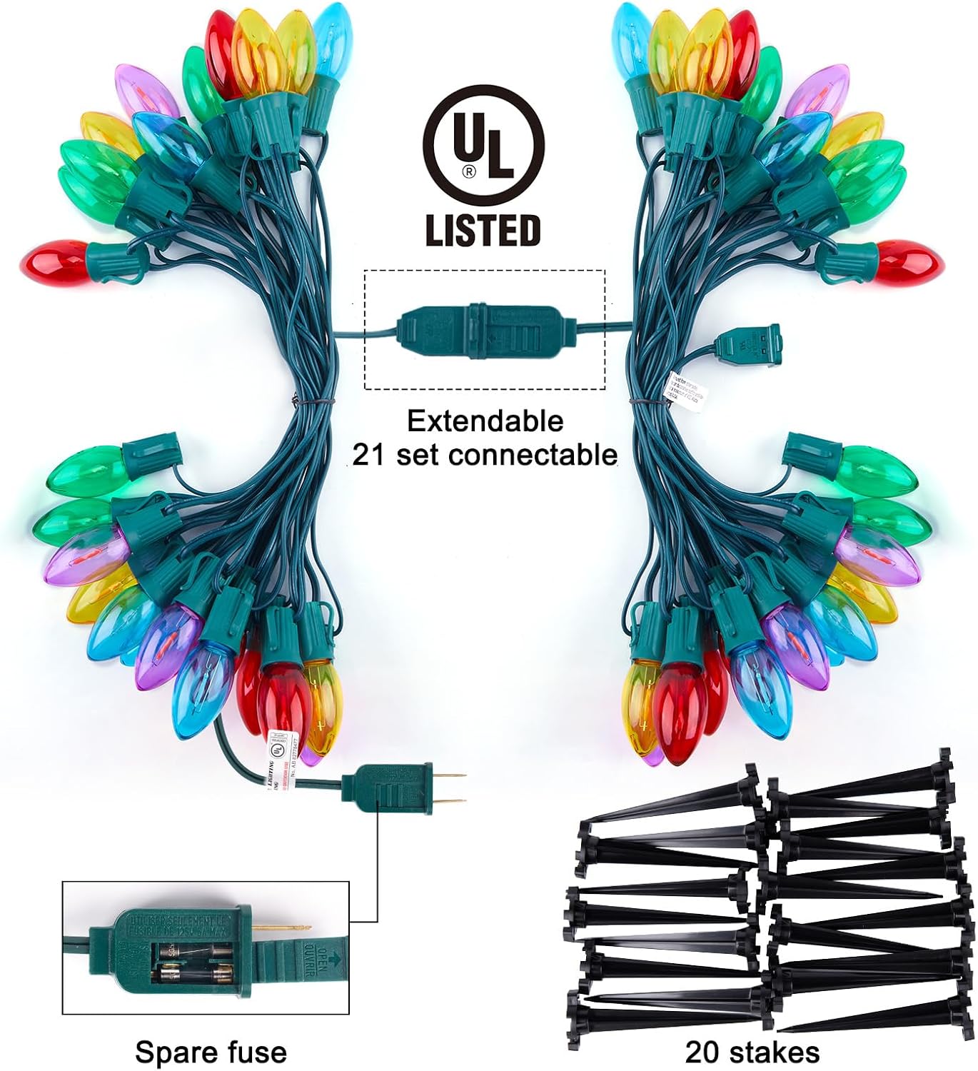 Brightown C9 Christmas String Lights Outdoor - 25.7 Feet 20 LED Christmas Pathway Lights with 20 Stakes Connectable Waterproof for Driveways Xmas Holiday Patio Decoration, Multicolored