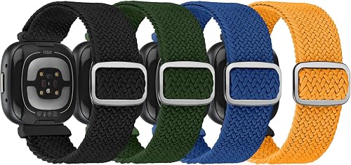 ShuYo Elastic Nylon Band Compatible with Fitbit Sense,Sense 2,Versa 3,Versa 4 for Women Men, 4 Pack Soft Adjustable Stretchy Solo Loop Replacement Strap for Fitbit Sense,Versa 4
