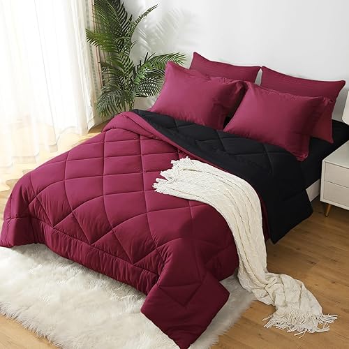 Miniatura 8 de JOLLYVOGUE Juego de edredón tamaño matrimonial, color rojo oscuro y negro, juego de cama reversible en una bolsa para todas las estaciones, juego de