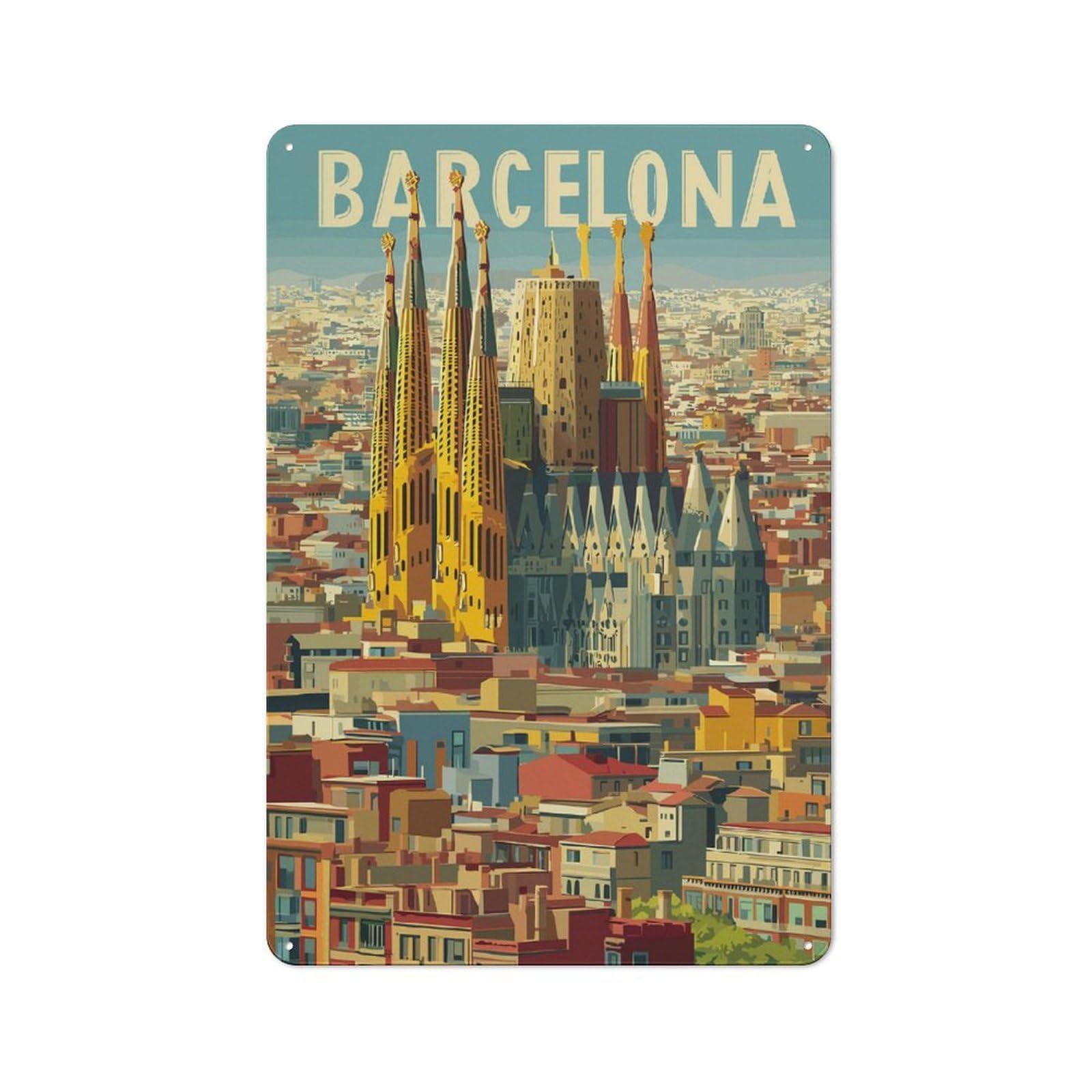 Barcelona Cityscape with Sagrada Familia(4) Retro Metal Wall Decor 30x20cm, Vintage Tin Sign for Coffee Bar, Kitchen, Bistro Or Tea Corner