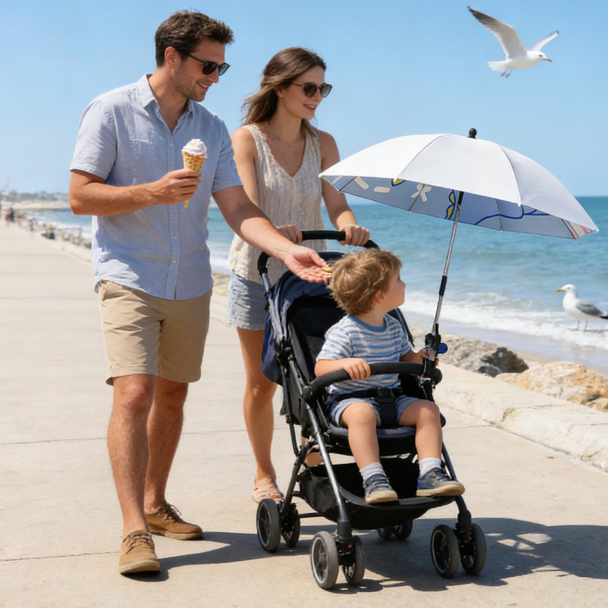 Universal Sonnenschirm Sonnenschutz UPF 50+, Kinderwagen-Sonnenschirm, 85 cm Durchmesser mit Einem Regenschirmgriff, Universal Parasol fürKinderwagen, Kinderwagen(Blauer Dinosaurier)