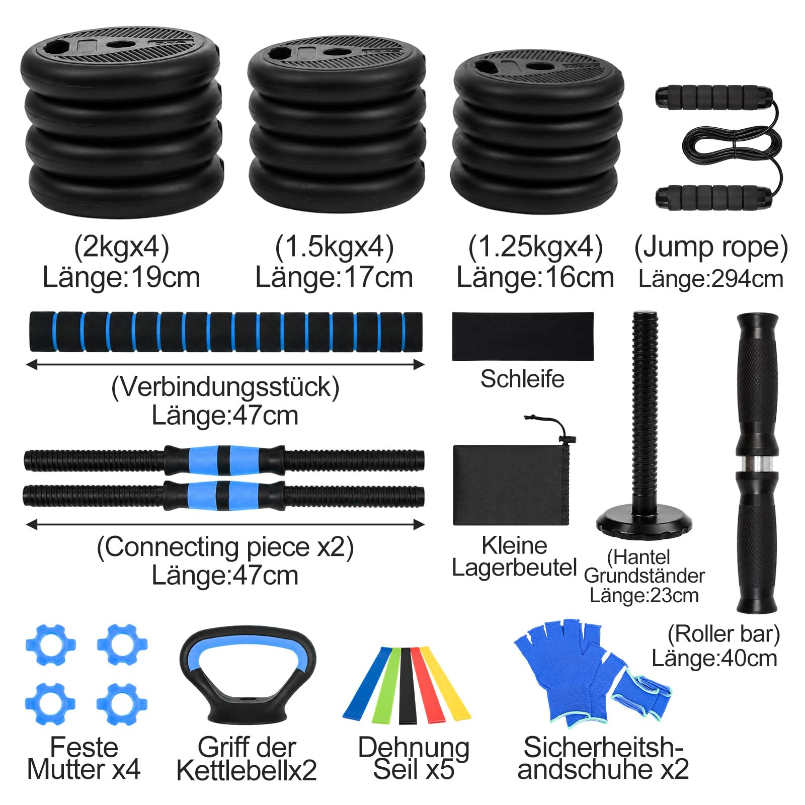 6-in-1 Multifunktions-Hantelset 20KG – Verstellbare Kurzhantel & Langhantel mit Kettlebell, Liegestützgriffen, Springseil & Bauchtrainer, Fitness Set