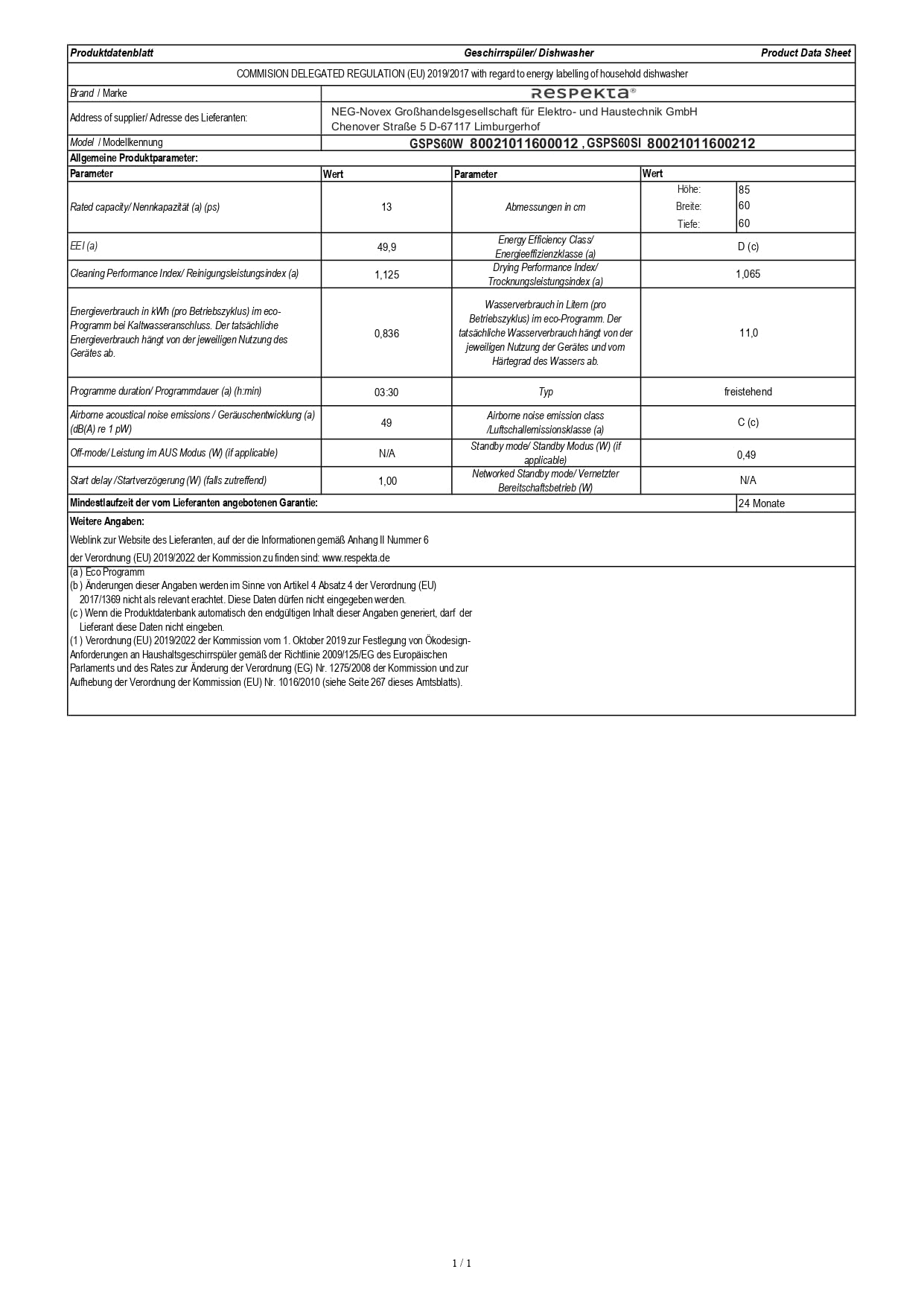 Respekta Bena Zmywarka do zabudowy, 60 cm, GSPS60SI-12, srebrna, 49 dB