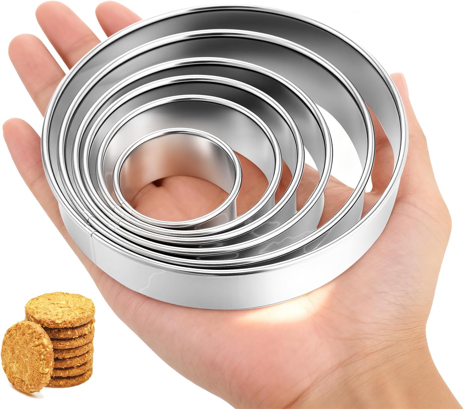 6Pcs Round Cookie Cutter Set (2, 3, 3.5, 4, 5, 6 Inch), Stainless Steel Circle Cookie Donut Cutte for Pastries Doughs Doughnuts Non-Rust & Dishwasher Safe Donut Cutter Ring Molds