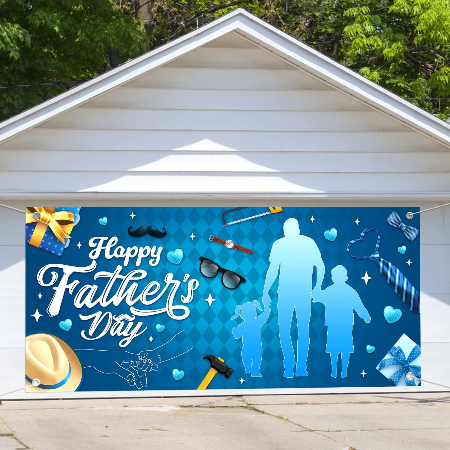 Happy Father's Day Garage Door Banner - XtraLarge Durable Blue Dad and Child Holding Hands Backdrop, Outdoor Father's Day Party Decorations, Photography Background, Celebration Sign & Party Supplies
