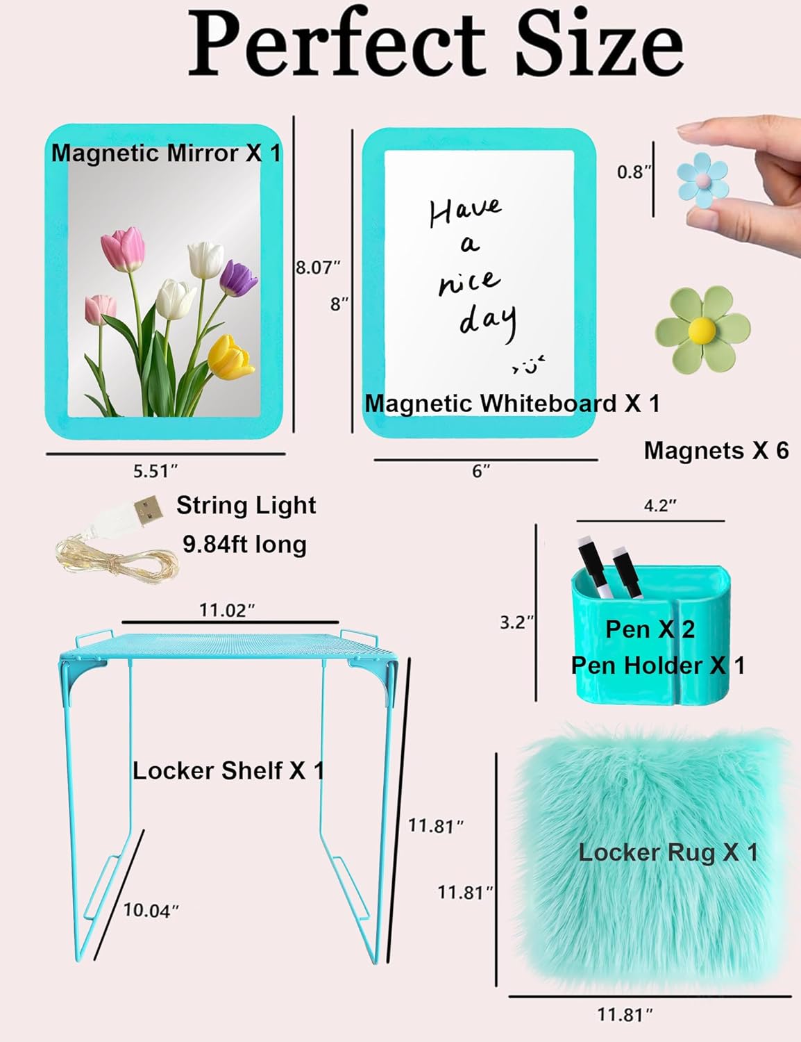 14 Pcs Blue Locker Accessories Kit with Locker Shelf Locker Organizer for Girls, Magnetic Whiteboard Mirror Rug String Light Pen Holder Flower Magnets, Back to School Kit for Locker Decor Office