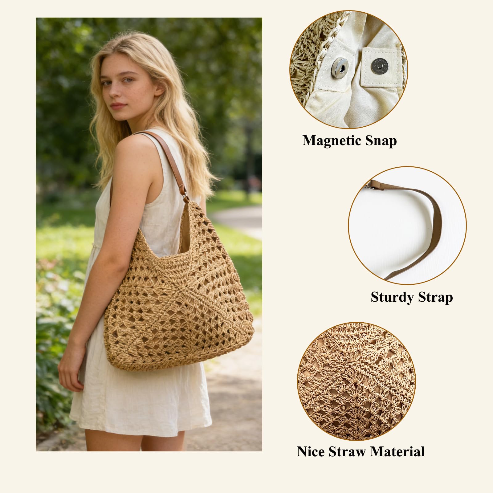 abcmilz Summer Straw Beach Tote Bag for Women Large Handmade Woven Shoulder Bag Handbags Purse for Travel Vacation Shopping — view 5