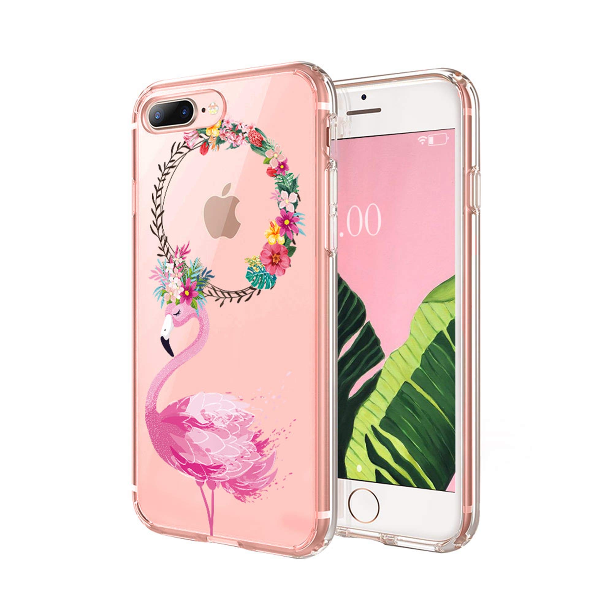 Cocomong Flamingo Clear Phone Case Compatible with iPhone 8 Plus Case Flamingo iPhone 7 Plus Case for Girls Designer, Cute Flower Wreath Decor Flamingo Gifts for Women, Soft Thin Slim TPU Cover 5.5"